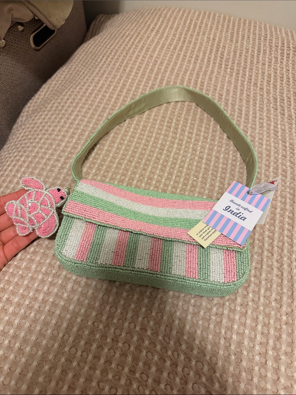 Beaded Pink & Green Striped Shoulder Bag with Turtle Charm